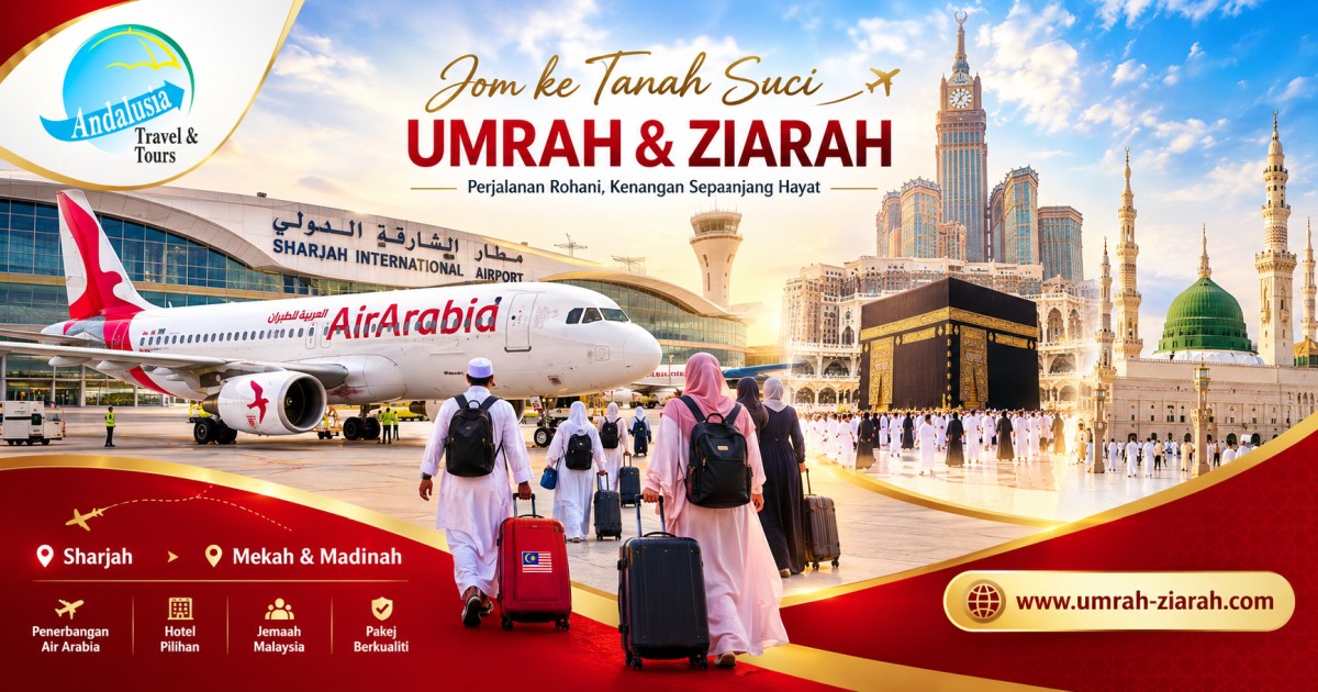 Pesawat Air Arabia membawa jemaah Umrah dari Kuala Lumpur melalui Sharjah ke Tanah Suci.